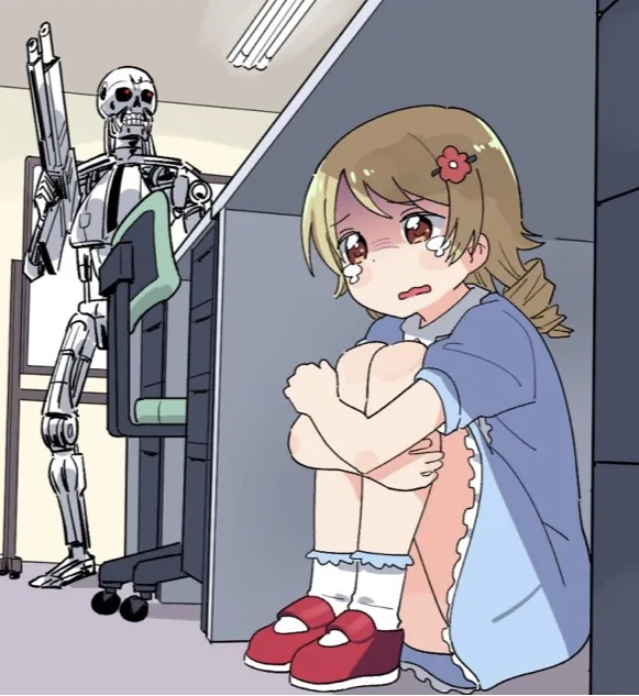 Anime Girl Hiding from Terminator meme: a question about the future; Jev, hiding at 45%
