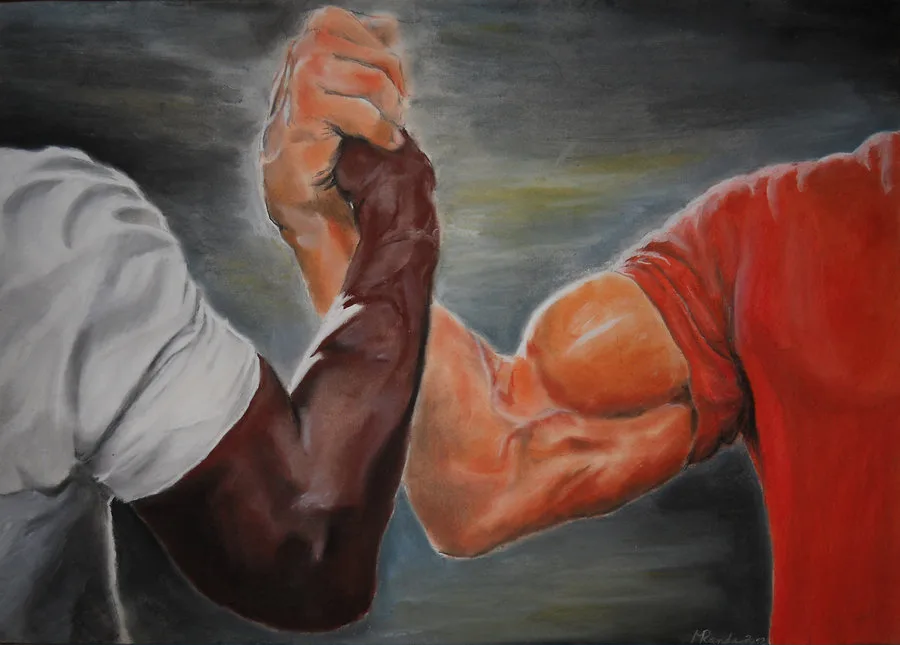Epic Handshake meme: Jev: 70%; volunteers: 71%; this reply fails the task