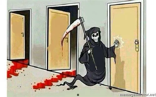 Grim Reaper Knocking Door meme: measles in the 1970s