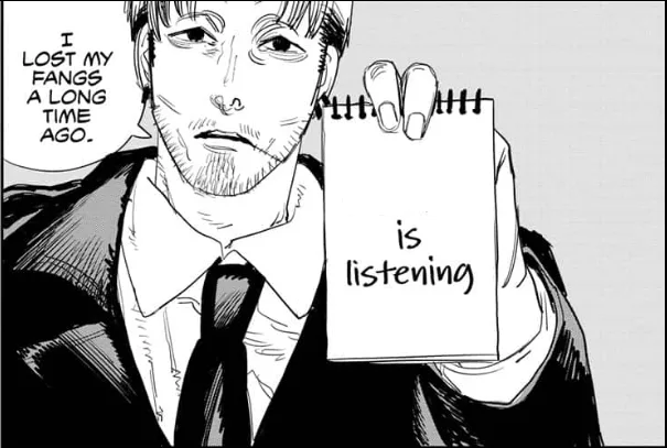 Makima is listening meme: "Joan lived next to a dumpster." Jev: no clear emotion.
