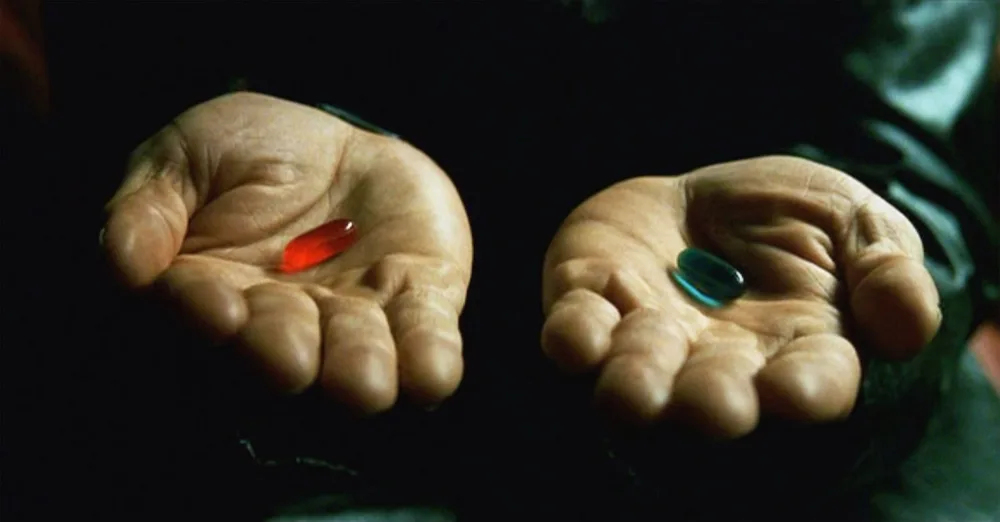 Red pill blue pill meme: plain misconceptions: turned down 95%; "what do white rabbits carry?" a pocket watch