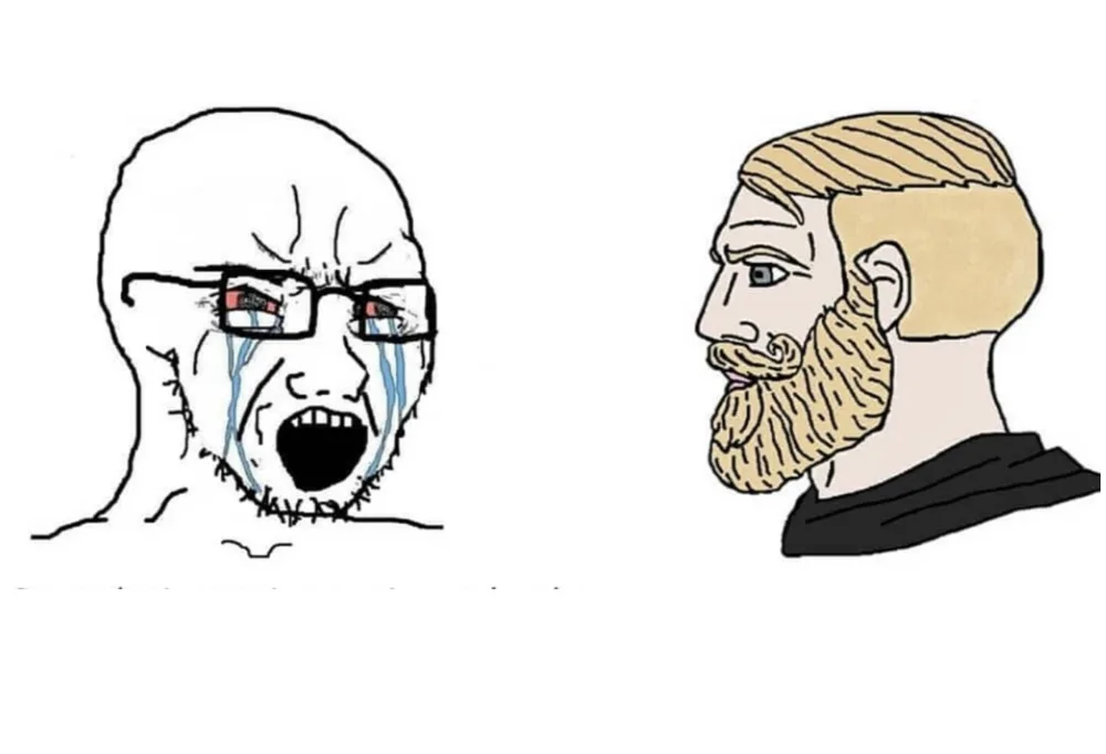 Soyboy Vs Yes Chad meme: the answer key: "gorgeous" is weaker than "pretty"; Jev: no.