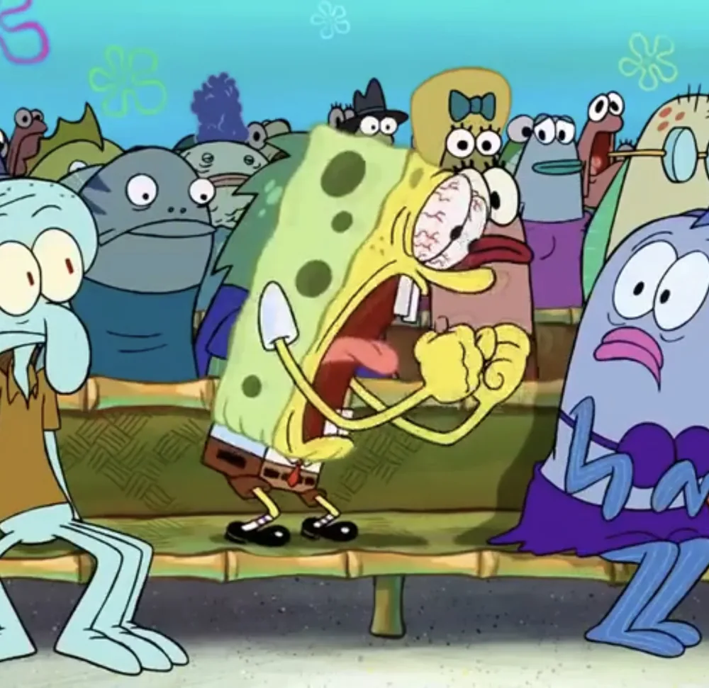 Spongebob Yelling meme: The word "misery" to Jev: JOLTS YOU AWAKE