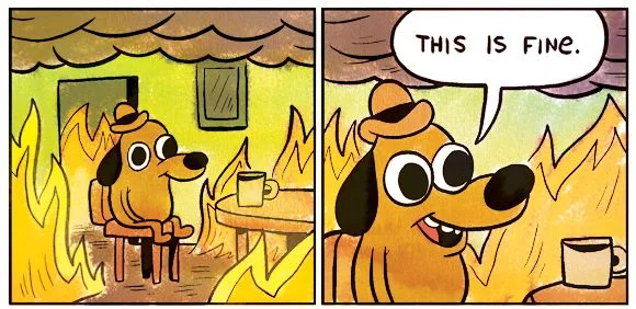 This Is Fine meme: extreme pain, severely anxious; Jev: still better than dying